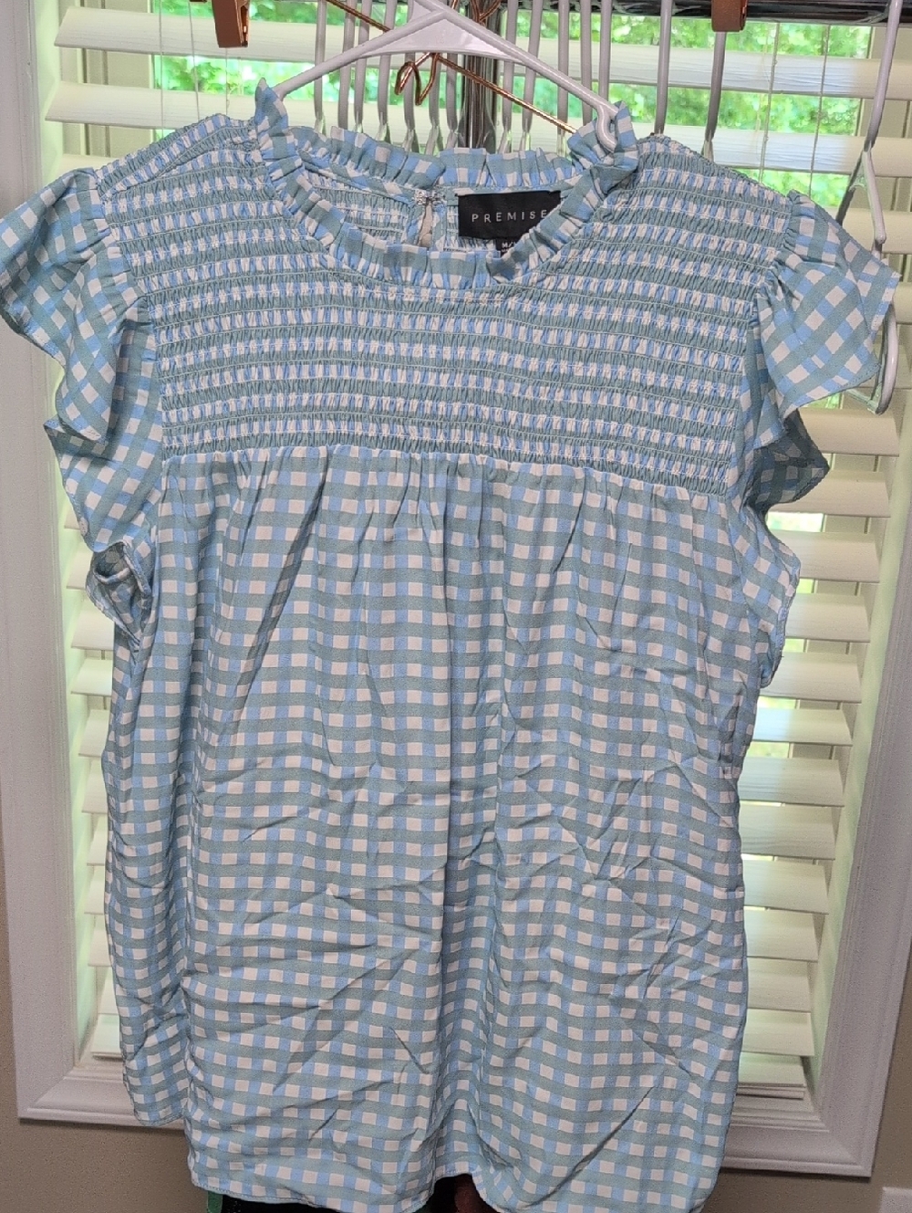 Premise Light Blue Gingham Smocked Cap-Sleeve Top